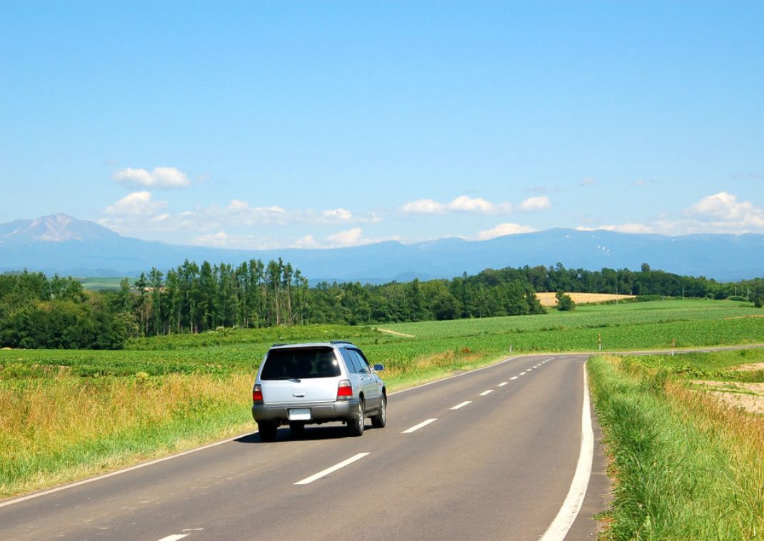 Une voiture roulant à travers les paysages d’été de Biei, au cœur d’Hokkaidō