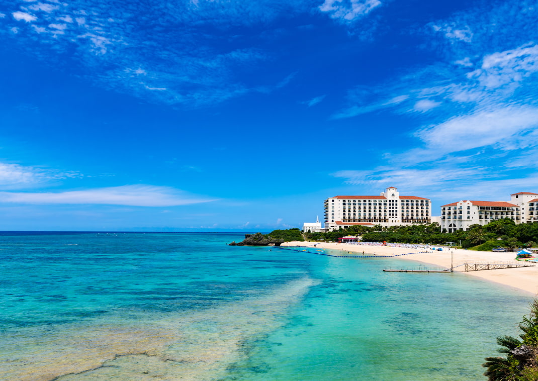 Aerial view of the Okinawa resort hotel surrounded by sea