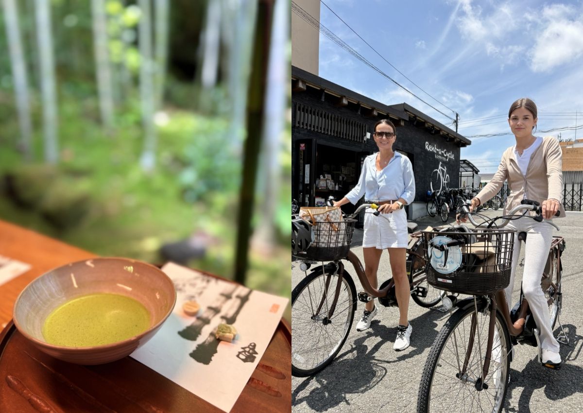 À gauche, un bol de matcha dans une bambouseraie. À droite, mère et fille à Kamakura à vélo.