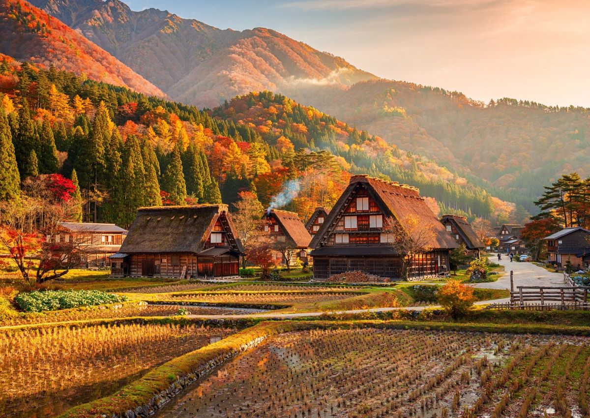 Paysage automnal dans le village traditionnel de Shirakawa-go, préfecture de Gifu, Japon.