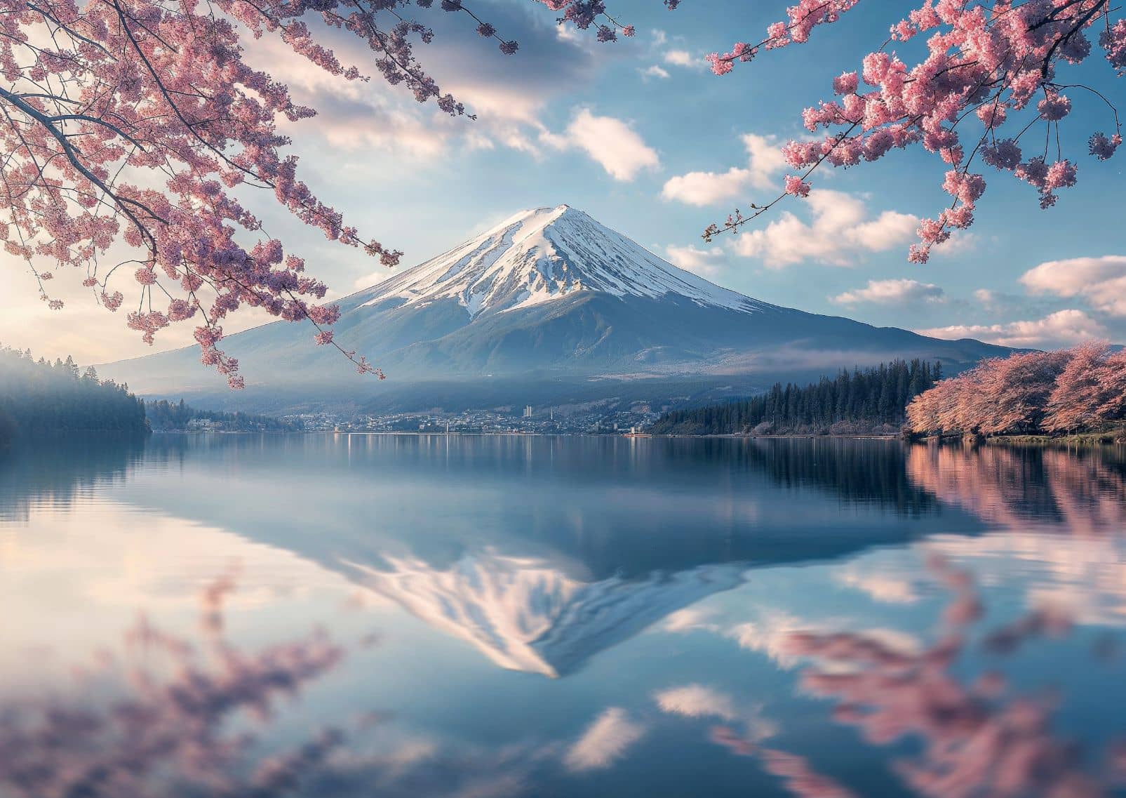 Le mont Fuji entouré de cerisiers en fleurs au printemps, Japon