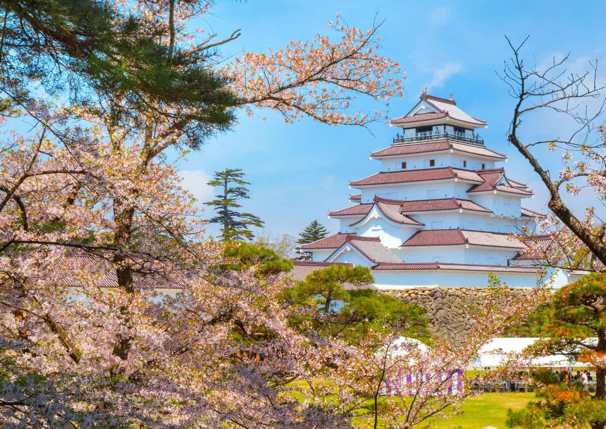 Le château de Tsuruga à Aizu-Wakamatsu au printemps, Fukushima, Japon