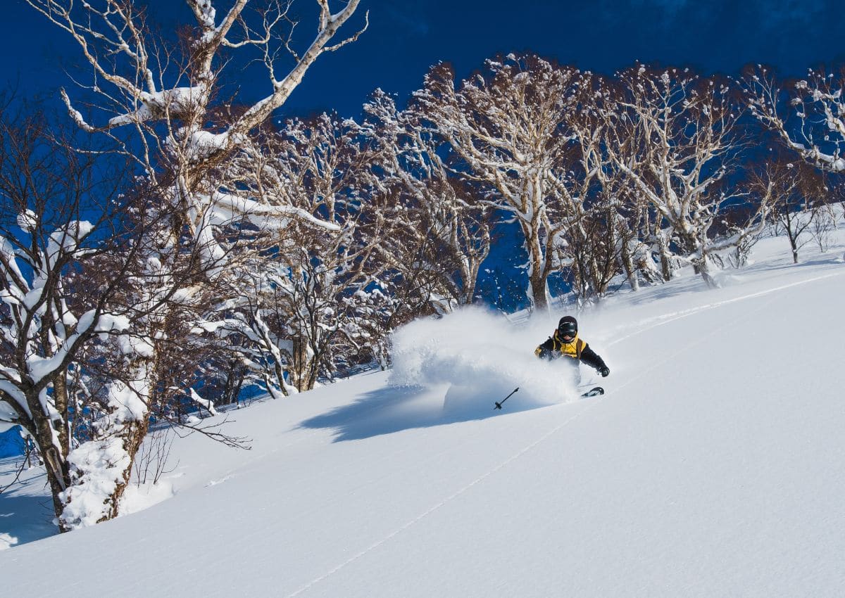 Skieur sur les pistes de la station Geto Kogen à Iwate, Japon