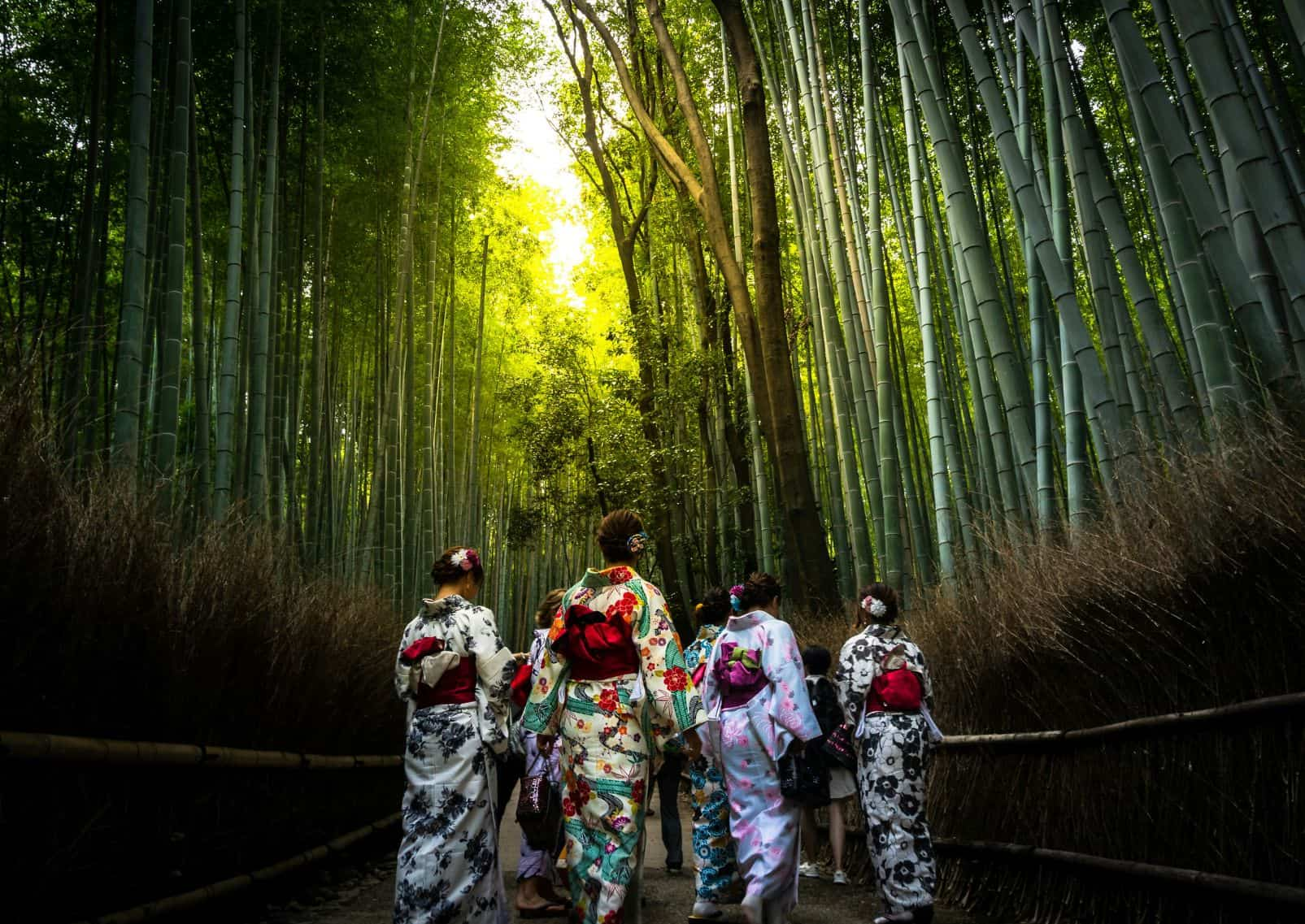 Jeunes-femmes-en-kimono-dans-la-forêt-de-bambous-d-Arashiyama-à-Kyoto-Japon