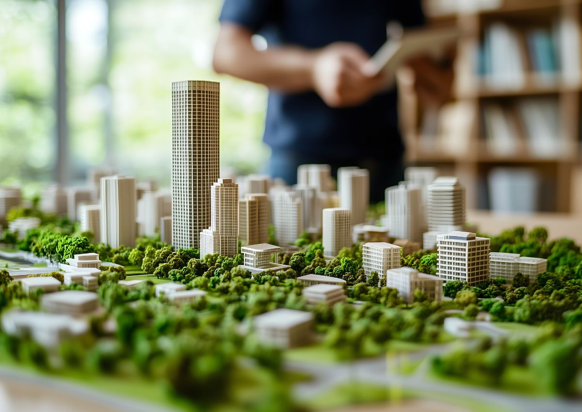 Maquette d’une ville verte posée sur une table avec une personne passant derrière tenant un livre
