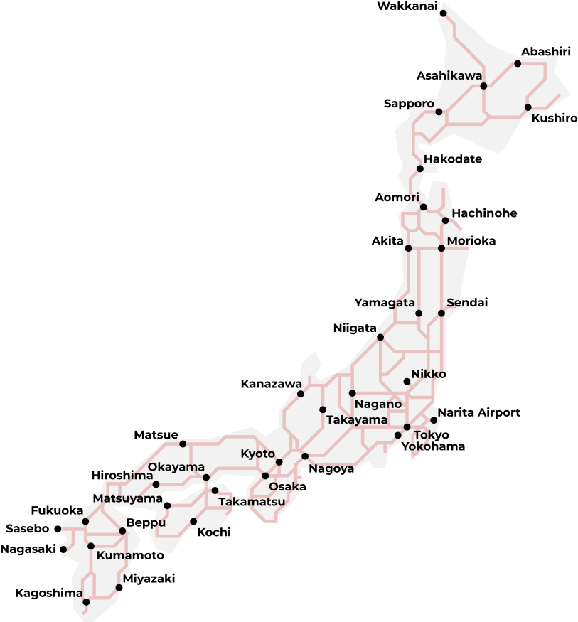 Carte du Japon qui montre sur quelles lignes le JR pass peut être utilisé.