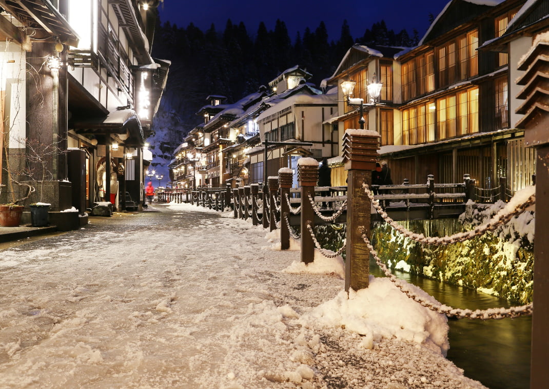 Ginzan Onsen, vieil hôtel japonais, la nuit dans la neige