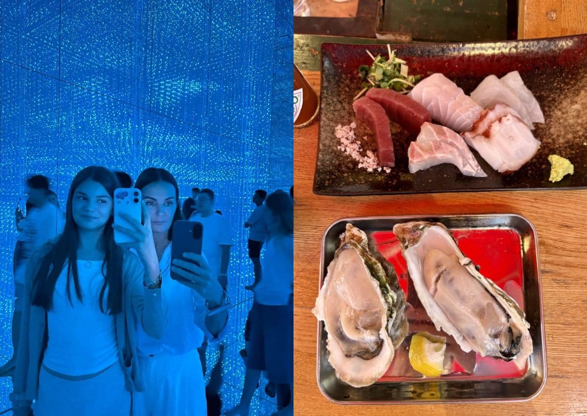 À gauche, selfie mère-fille au teamLab Planets de Tokyo. À droite, sushi et sashimi frais au marché Tsukiji