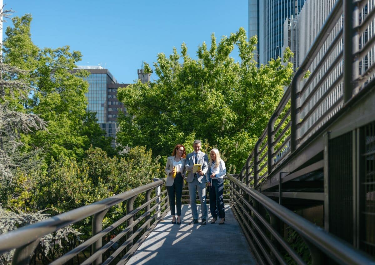 Personnes marchant sur un pont entouré de verdure