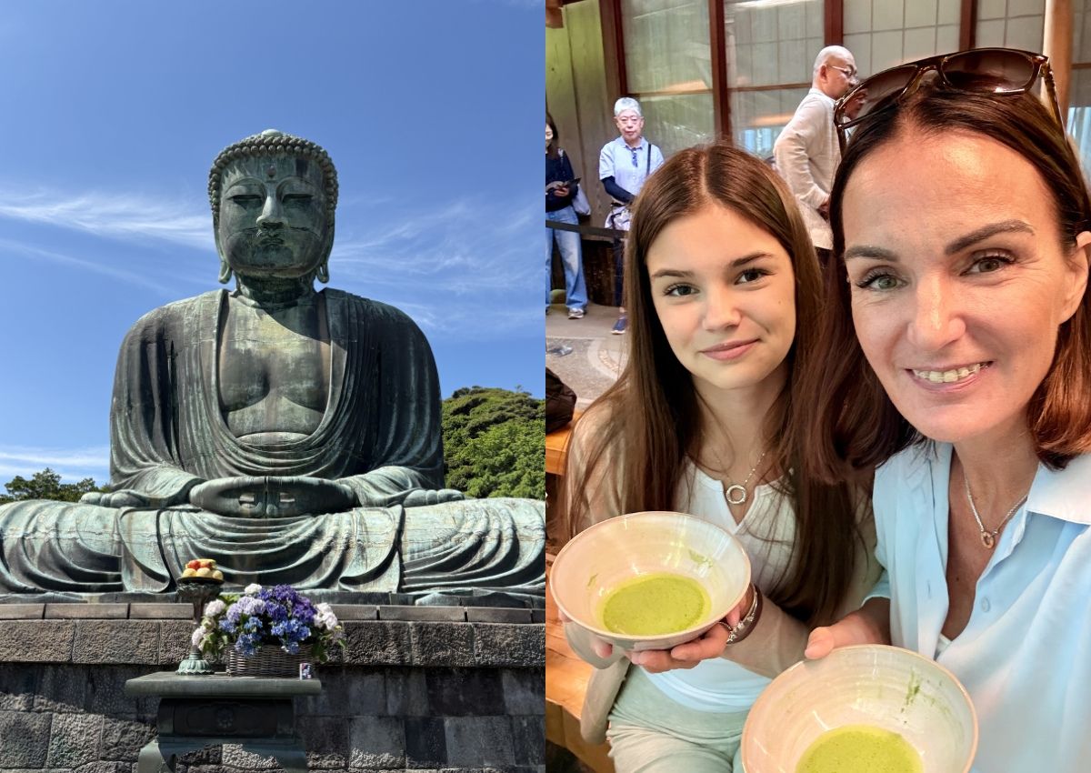 À gauche, le Grand Bouddha de Kamakura. À droite, mère et fille tenant des bols de matcha.