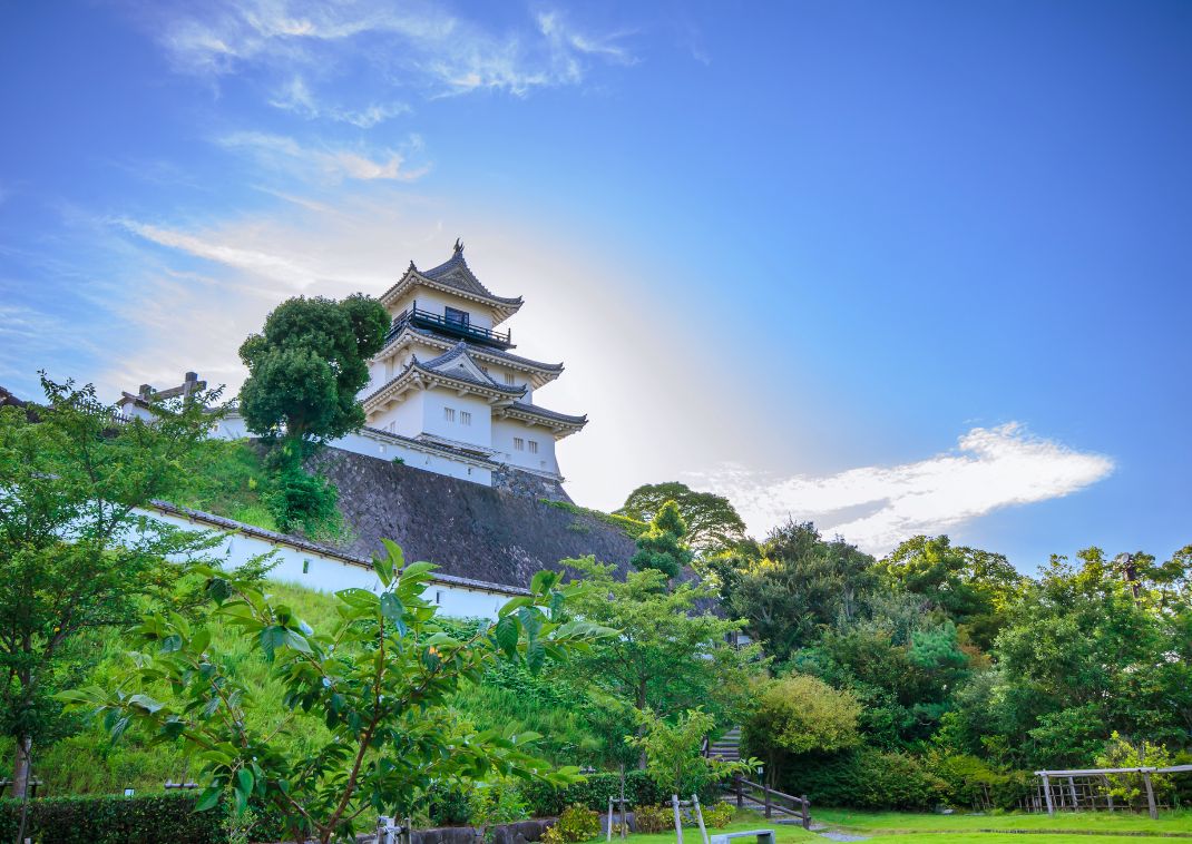 Château de Kochi blanc perché sur une colline verdoyante, entouré de jardins luxuriants et d’arbres sous un ciel bleu.