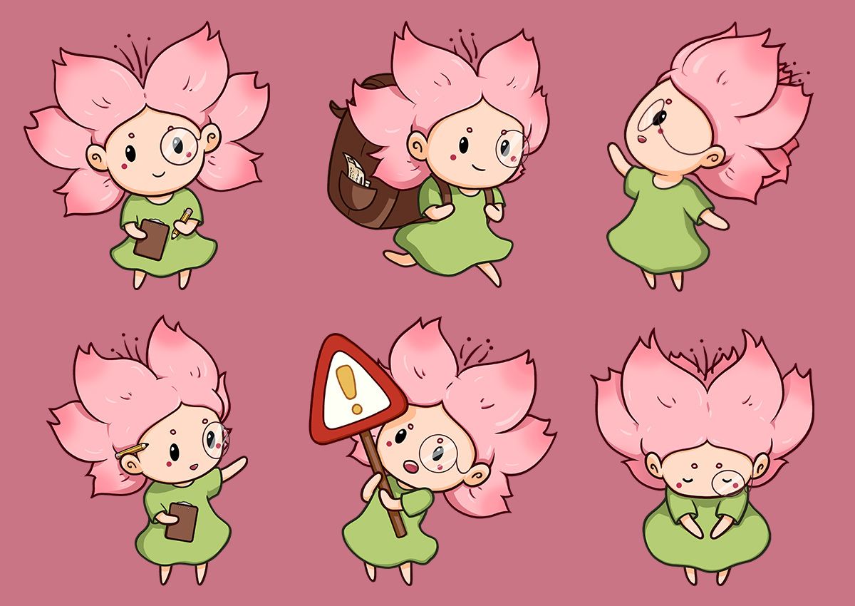 Six croquis de Mono-chan sur fond rose réalisés par Ambre Taga
