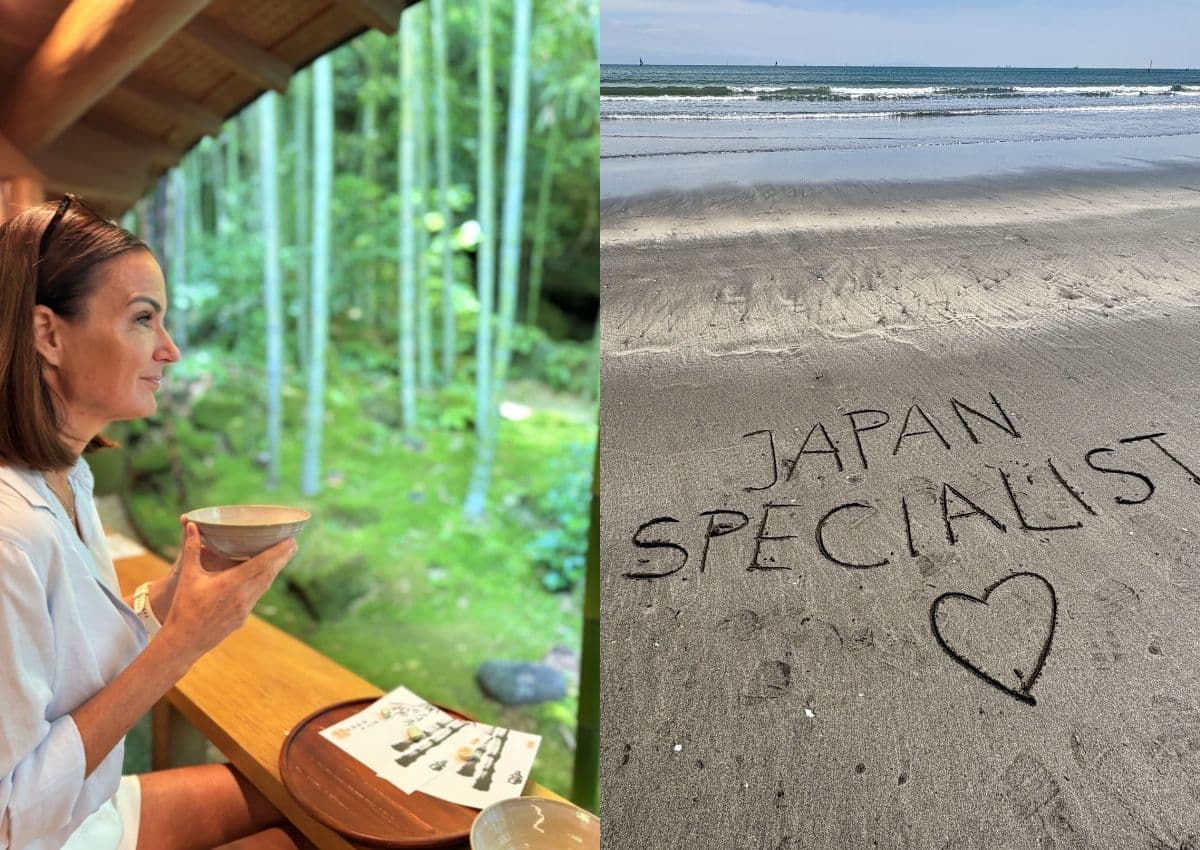 À gauche, thé vert à Kamakura. À droite, Japanspecialist écrit dans le sable, Kamakura.