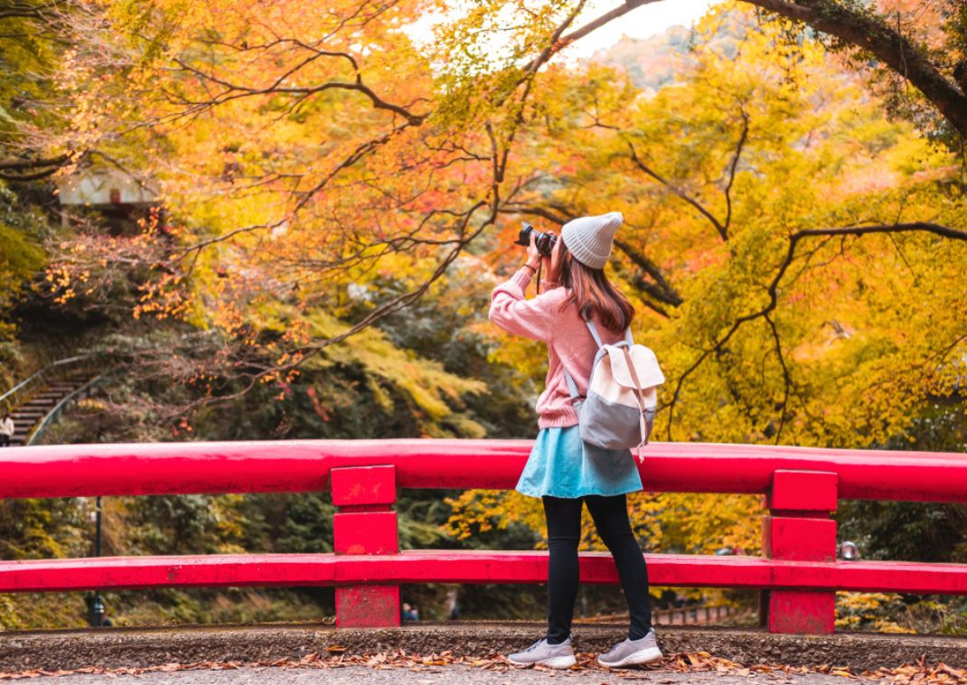 Jeune voyageuse photographiant le feuillage automnal au Japon