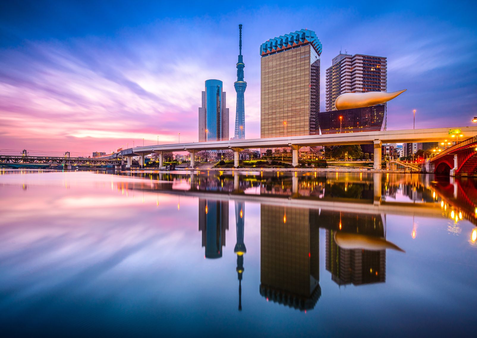 La Tokyo Skytree depuis le fleuve Sumida avec l’immeuble Asahi, Tokyo, Japon