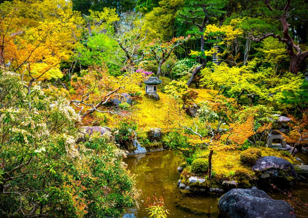 Cours d’eau et lanterne en pierre dans le jardin Yoshikien en automne, Nara