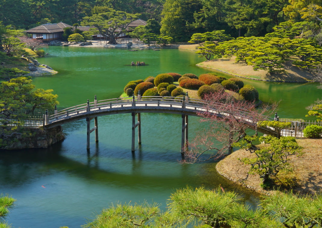Jardin avec un étang et un pont au Japon