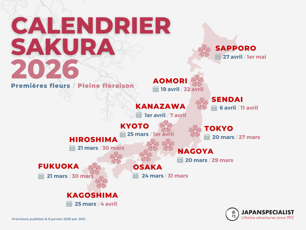 Carte de la floraison des cerisiers au Japon en 2026