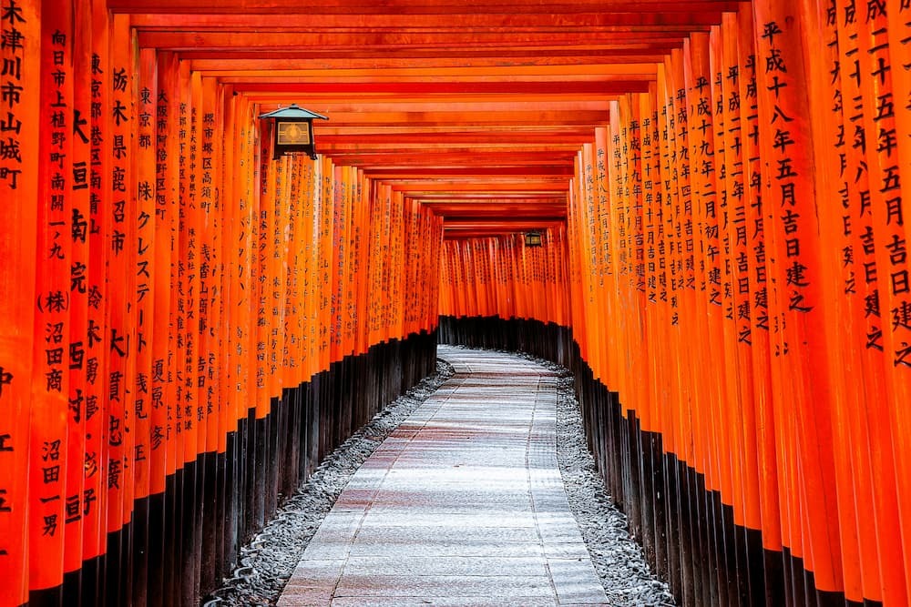 Sanctuaire de Fushimi Inari à Kyoto, Japon, avec des milliers de portes torii orange vermillon.