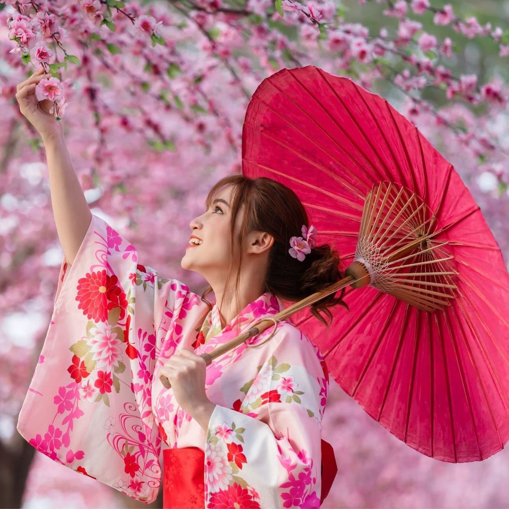 Jeune femme en kimono sous les cerisiers en fleur