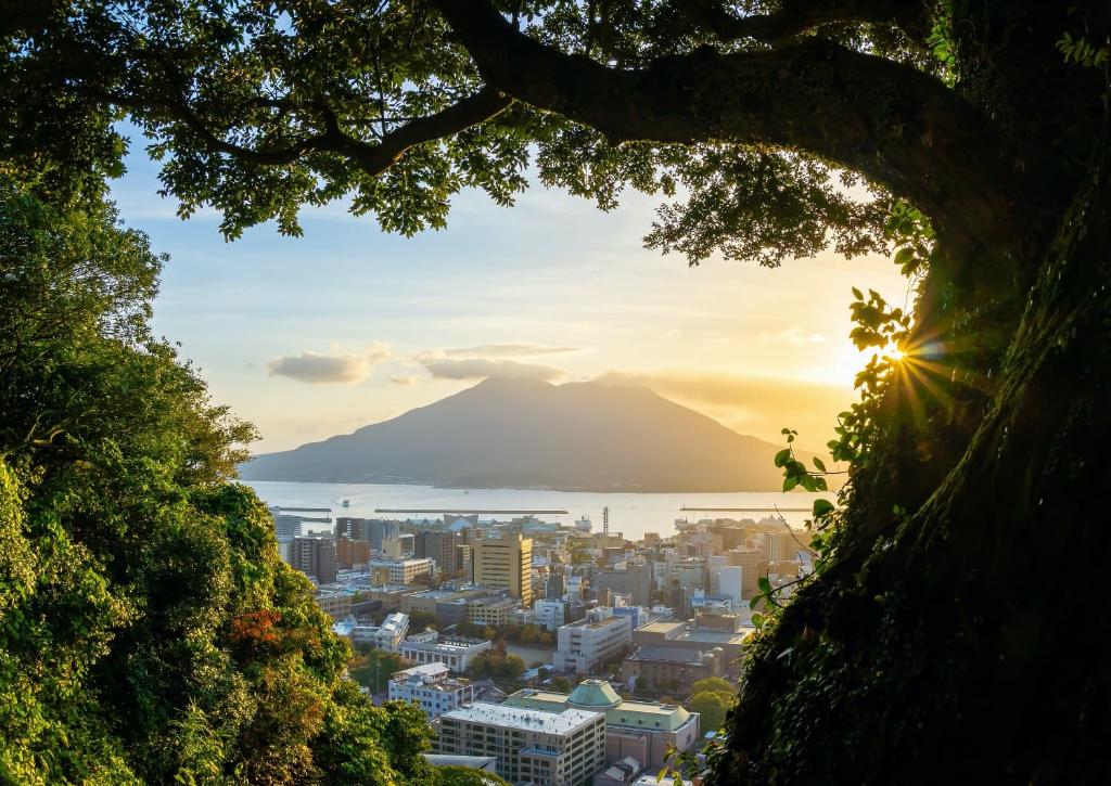 La ville de Kagoshima avec le Sakurajima en toile de fond
