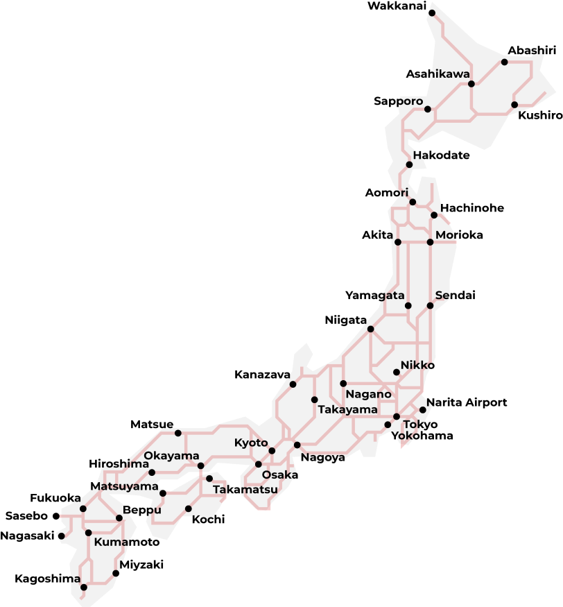 Carte montrant le réseau Japan Rail (JR) et les itinéraires des trains à travers le Japon.