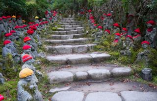Escaliers dans un jardin avec de nombreuses statues de Bouddha situé à côté du temple Daishoin